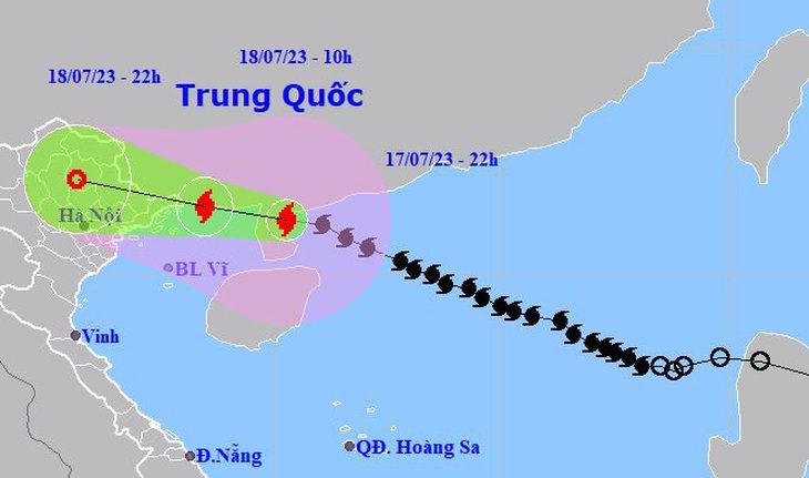 Bão số 1 đi lệch lên phía bắc, Quảng Ninh - Hải Phòng chịu tác động mạnh nhất - Ảnh 1. Sơ đồ dự báo hướng di chuyển bão số 1 lúc 22h tối 17-7 - Ảnh: NCHMF